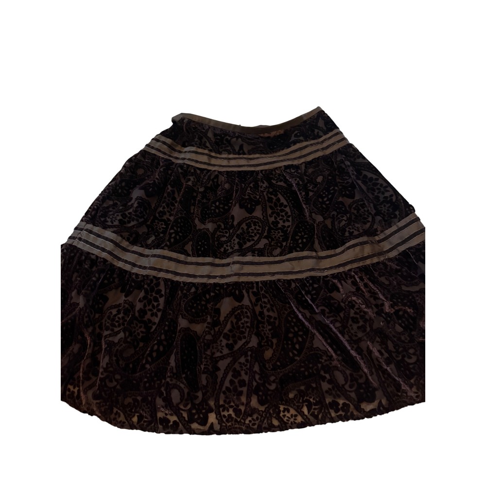 Sundance Brown Velvet Burnout Paisley Tiered Midi Skirt Silk Trim Size 10 Fall